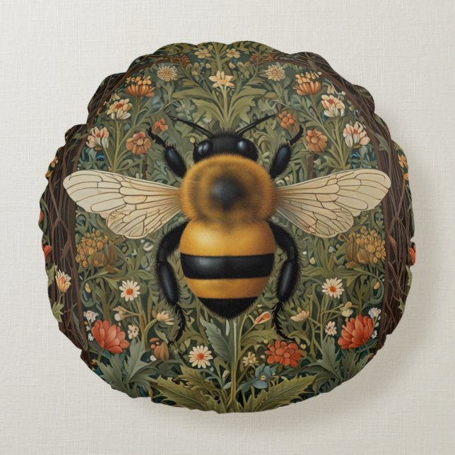 Cojín Redondo Elegante retro bumblebee boho arte floral botánico (Anverso)