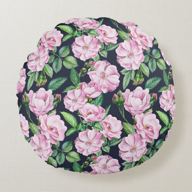 Cojín Redondo Elegante Rosa Branches Watercolor (Anverso)