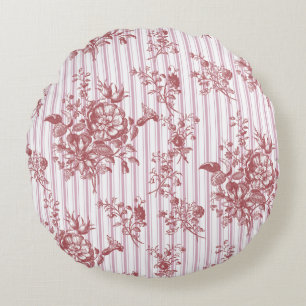 Cojín Redondo Elegante rosado vintage floral rayas de ticking