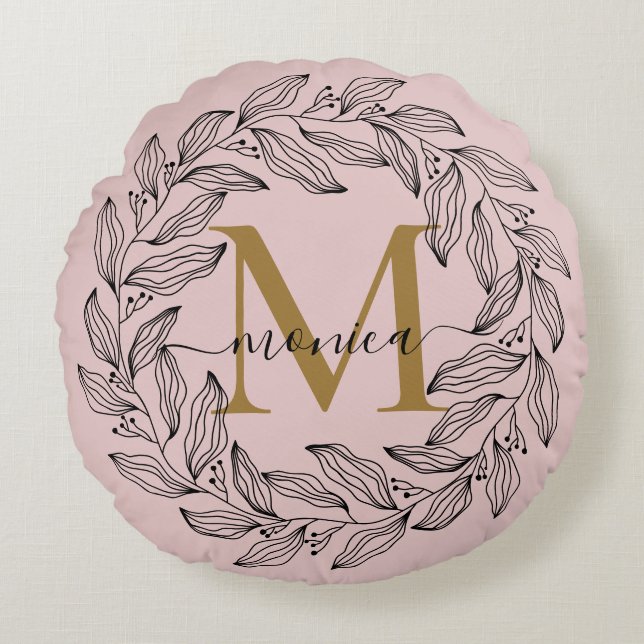 Cojín Redondo Elegante Rubor Rosa Monogramado Floral (Anverso)