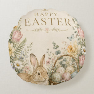 Cojín Redondo Elegante saludo de Pascua, estilo porcelana azul y
