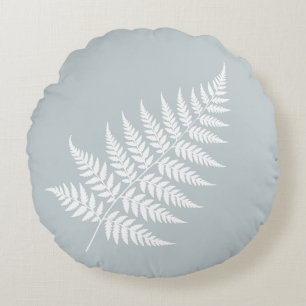 Cojín Redondo Elegante Silueta Botánica de Helecho Blanco Azul H