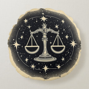 Cojín Redondo Elegante símbolo zodiacal Libra con estrellas cósm