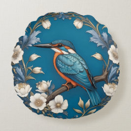 Cojín Redondo Elegante Turquoise Kingfisher Bird Floral