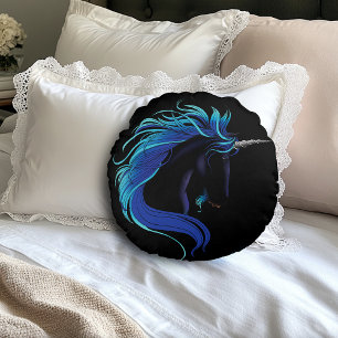 Cojín Redondo Elegante Unicornio Negro Fantasía Mágica Azul Plat