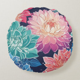 Cojín Redondo Elegante y colorida Dahlia florida sobre fondo osc
