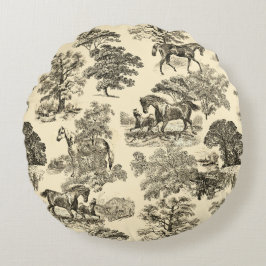 Cojín Redondo Elegantes caballos Rústicos Árboles de árbol Beige