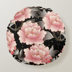 Cojín Redondo Elegantes flores chinas negras y rosas redondeadas