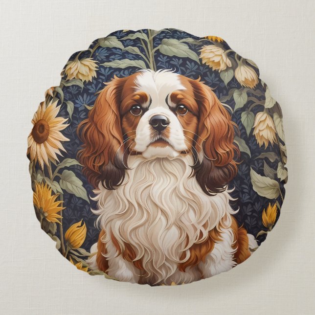 Cojín Redondo Elegantes girasoles Cavalier King Charles Spaniel (Anverso)