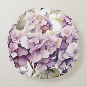 Cojín Redondo Elegantes hortensias acuarela rosa púrpura