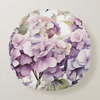 Cojín Redondo Elegantes hortensias acuarela rosa púrpura