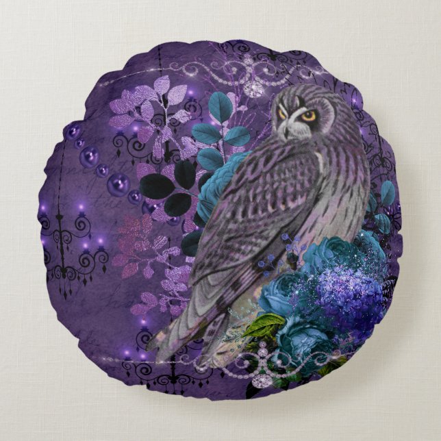 Cojín Redondo Elegantes lámparas y joyas de búho florido (Anverso)