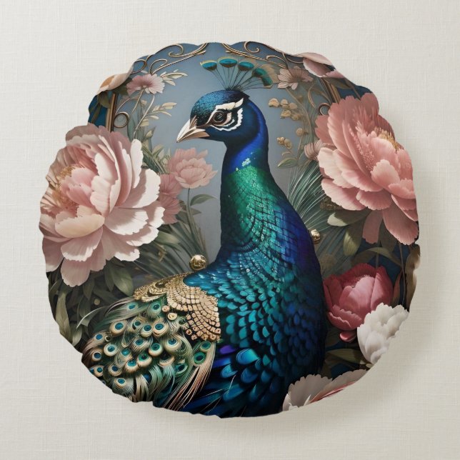 Cojín Redondo Elegantes Peacock Pink Peonies (Anverso)