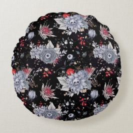 Cojín Redondo Elegantes Rosas del cráneo Coffin Plata Negro