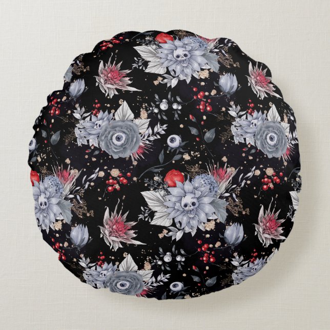 Cojín Redondo Elegantes Rosas del cráneo Coffin Plata Negro (Anverso)