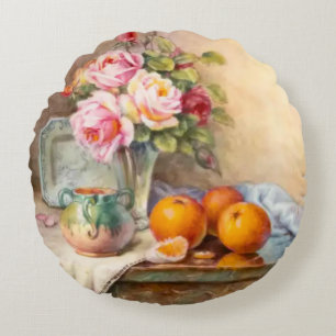 Cojín Redondo Elegantes Rosas del Jardín y Naranjas mandarines a