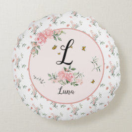 Cojín Redondo Elegantes rosas rosadas con mariposas