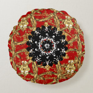 Cojín Redondo Elemento dorado sobre fondo rojo. Ilustración vint