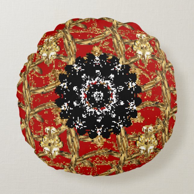 Cojín Redondo Elemento dorado sobre fondo rojo. Ilustración vint (Anverso)