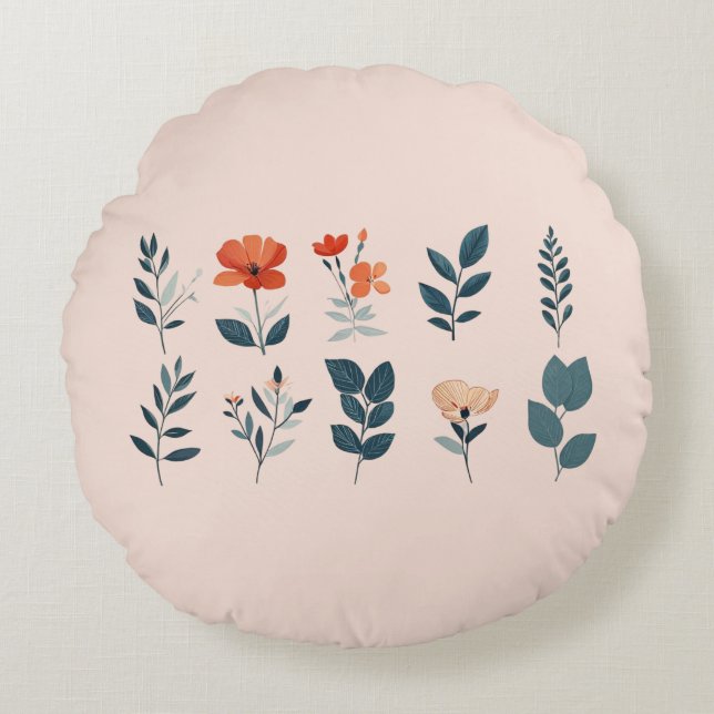 Cojín Redondo elementos botánicos estilizados de diferentes colo (Anverso)