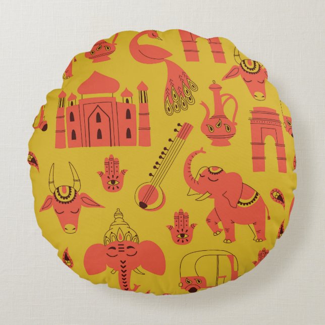 Cojín Redondo Elementos indios, cosecha cosecha a mano. (Anverso)