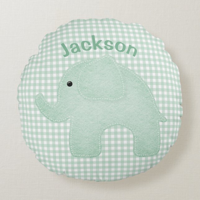 Cojín Redondo Elephant Green Plaid Gingham Nursery (Anverso)