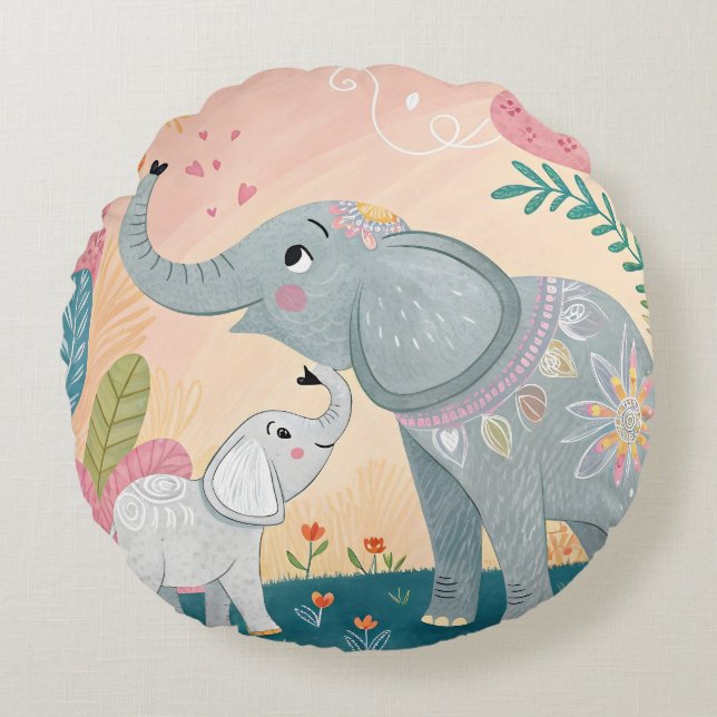 Cojín Redondo Elephant Mom and Baby (Anverso)