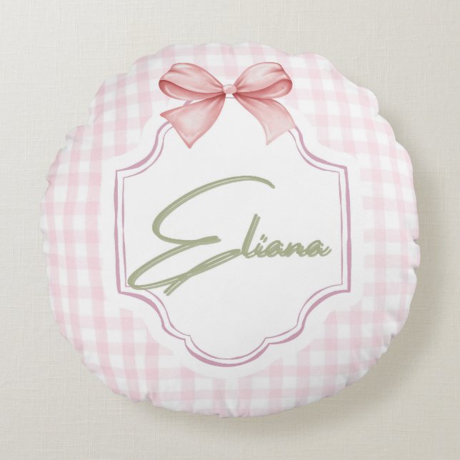 Cojín Redondo Eliana Personalizada Pink Bow & Gingham Print (Anverso)