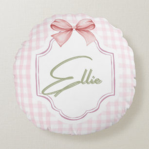 Cojín Redondo Ellie Pink Bow personalizado y Gingham Print