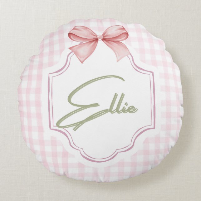 Cojín Redondo Ellie Pink Bow personalizado y Gingham Print (Anverso)