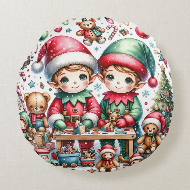 Cojín Redondo Elves, Navidades adorables, en su tienda de juguet (Anverso)