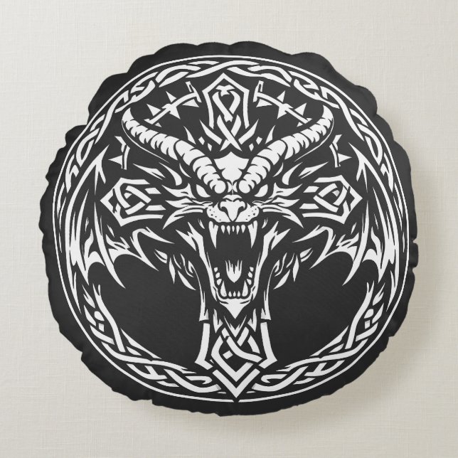 Cojín Redondo Emblema de Dragón Celta por BurnsInHell (Anverso)