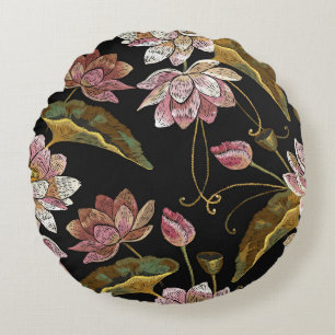 Cojín Redondo Embroidery Lotus Flowers Patrón sin problemas