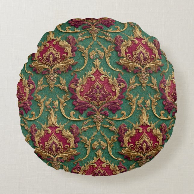 Cojín Redondo Emerald Burgundy Baroque Damask (Anverso)