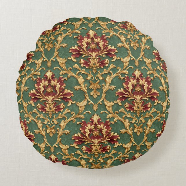 Cojín Redondo Emerald Gold Baroque Damask (Anverso)