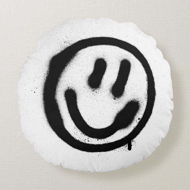 Cojín Redondo emoticono facial sonriente de graffiti en negro so (Anverso)