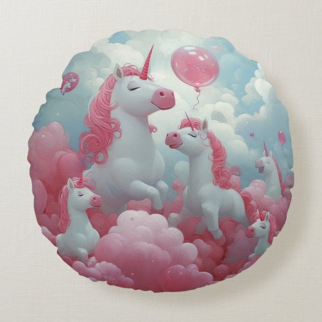 Cojín Redondo Encantado paisaje unicornio (Anverso)