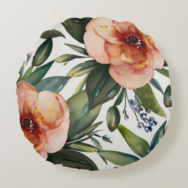 Cojín Redondo Encantador Patrón floral acuarela (Anverso)