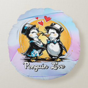 Cojín Redondo Encantadora pareja de pingüinos