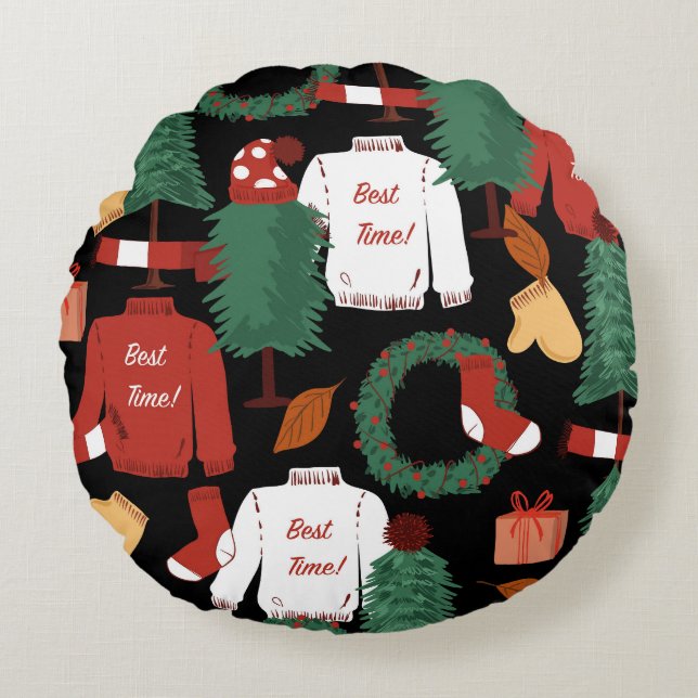 Cojín Redondo Encanto de los navidades: Juego de patrones festiv (Anverso)