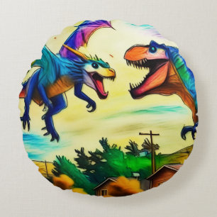 Cojín Redondo Encuentro amistoso: dragón y dinosaurio