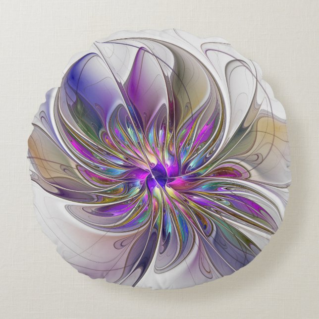 Cojín Redondo Energetic, Colorful Abstract Fractal Art Flower (Anverso)