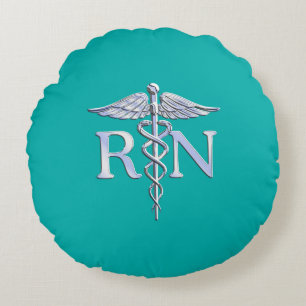 Cojín Redondo Enfermera inscrita RN Caduceus en turquesa