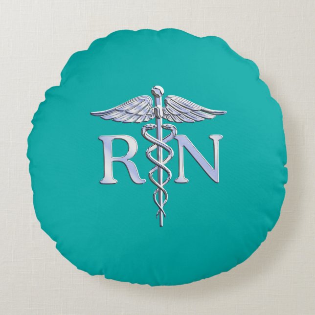 Cojín Redondo Enfermera inscrita RN Caduceus en turquesa (Anverso)