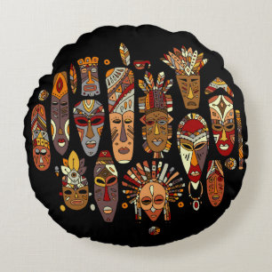 Cojín Redondo Enmascaramiento tribal étnico conjunto, boceto