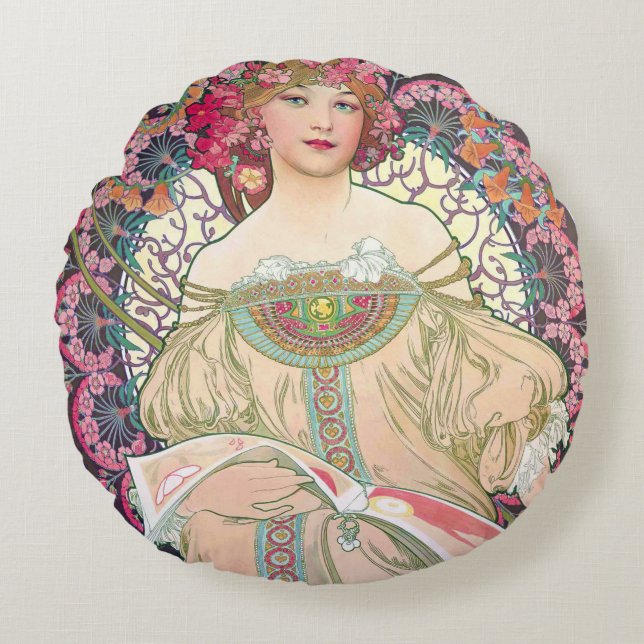 Cojín Redondo Ensoñación (Primavera), Alphonse Mucha Almohadón (Anverso)
