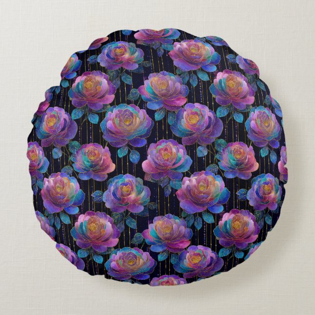 Cojín Redondo Envoltura floral iridiscente con paro de cinta roj (Anverso)