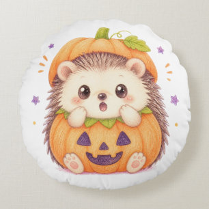 Cojín Redondo Erizo Adorable con Disfraz de Calabaza Ilustración