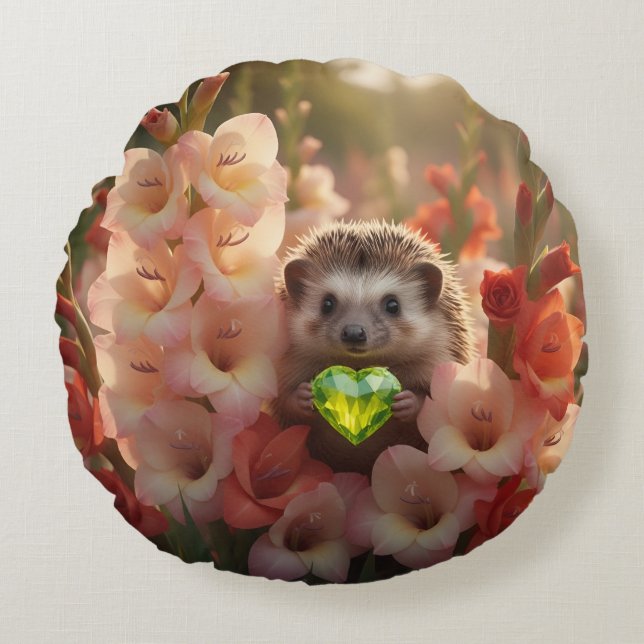 Cojín Redondo Erizo Adorable de Agosto con Corazón de Peridoto (Anverso)
