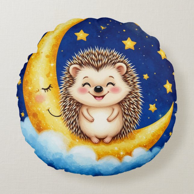 Cojín Redondo Erizo Adorable Luna Creciente Dorada (Anverso)